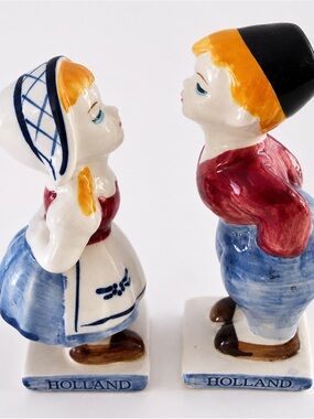 Vintage Holland Ceramic Dutch Boy and Girl Figurine Set - White, Blue, Red